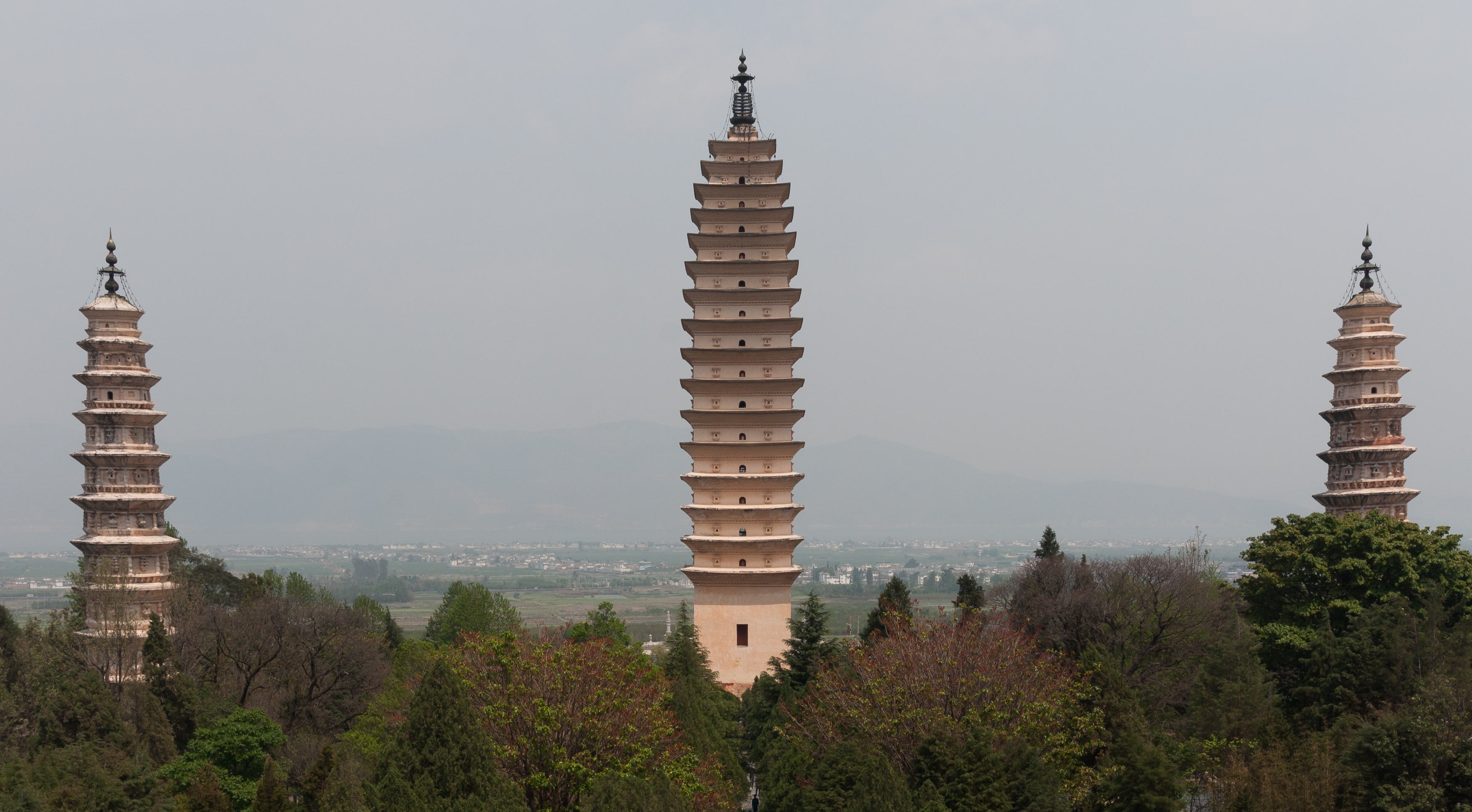 The Three Pagodas and Chongsheng Temple complex beneath Cangshan in Dali