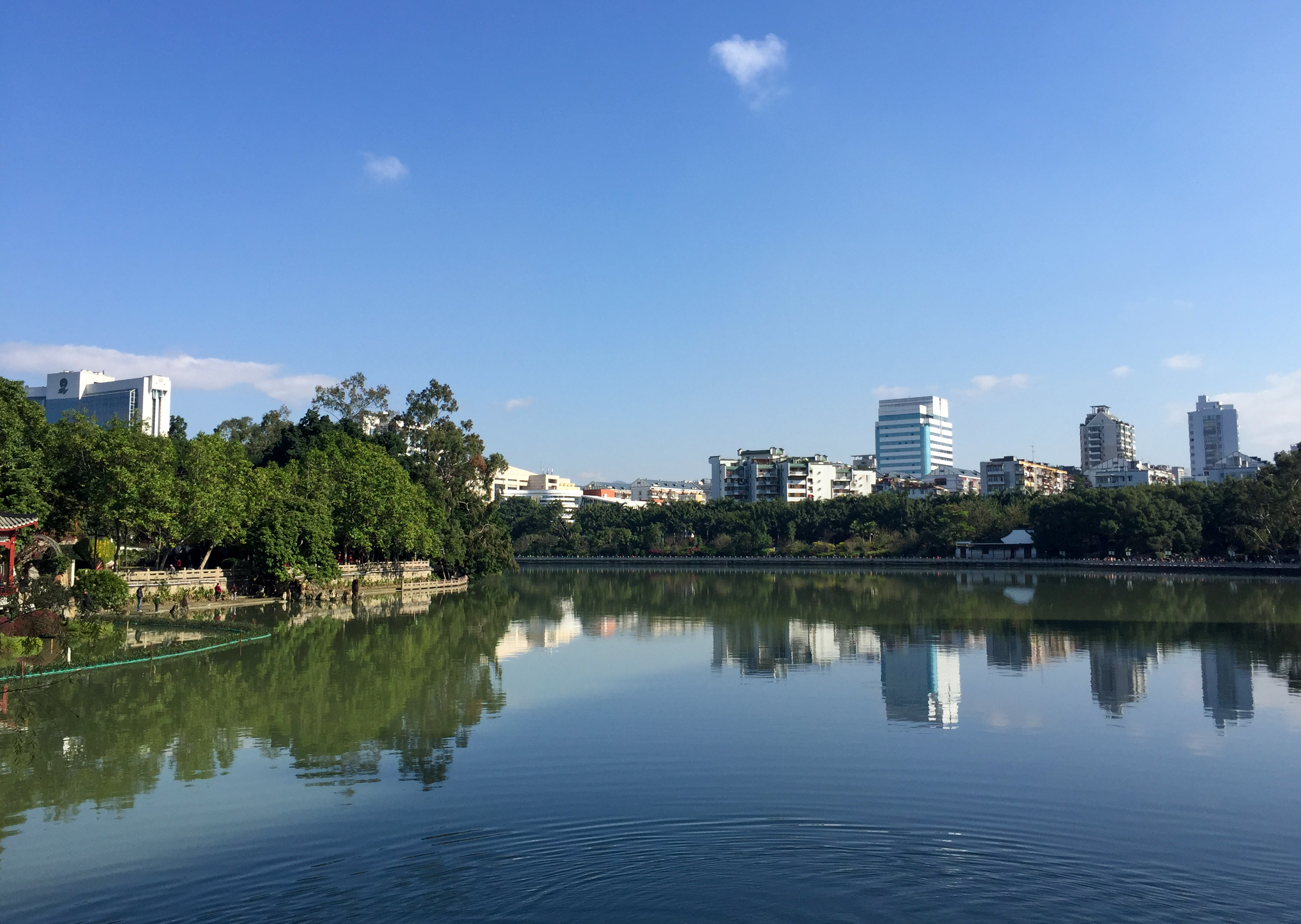 Trees, bridges, and calm water at West Lake Park in Fuzhou