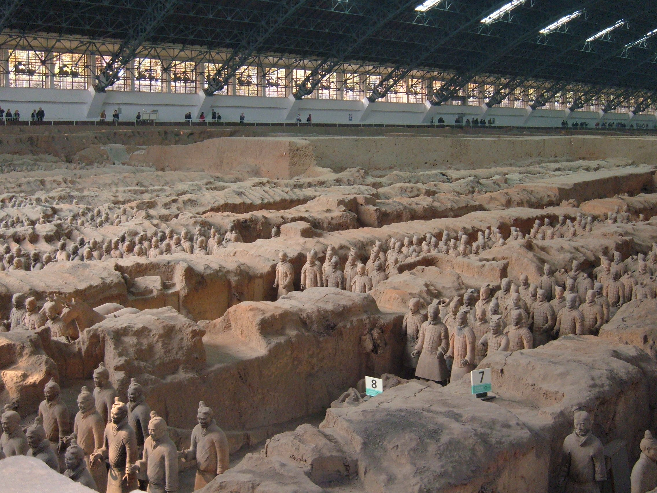 Rows of excavated terracotta warriors inside Pit 1 near Xi'an